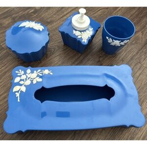 1950s Schwartz Bros Blue Plastic Vanity Set Lotion Powder Cup Tissue Box Vintage